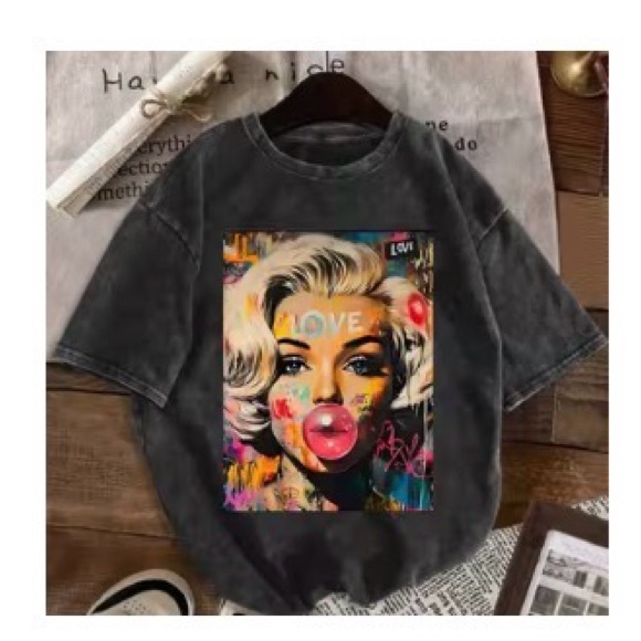 Marilyn Monroe Graphic Grey Acid Wash Oversize Unisex Short Sleeve Tee - Picture 9 of 9